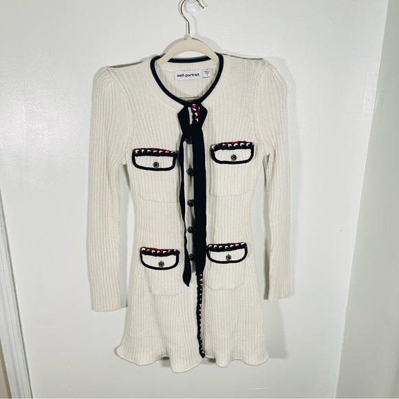 Self-Portrait Lurex Knit Dress Ivory Black Red Preppy Career Modest Trendy - Picture 2 of 15